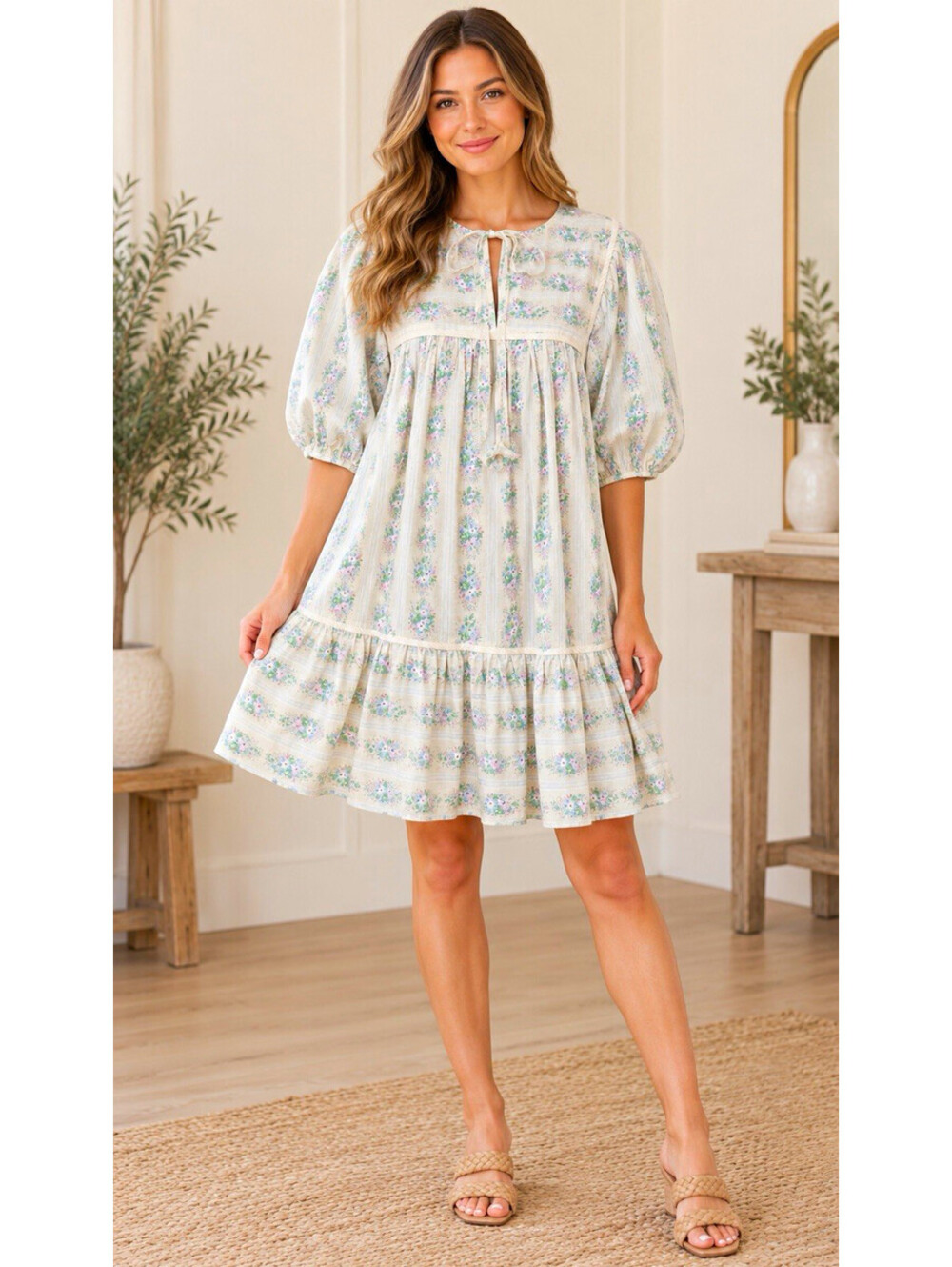 Umgee Floral Babydoll Dress Medium Puff Sleeve Tiered Boho Cottagecore NWT